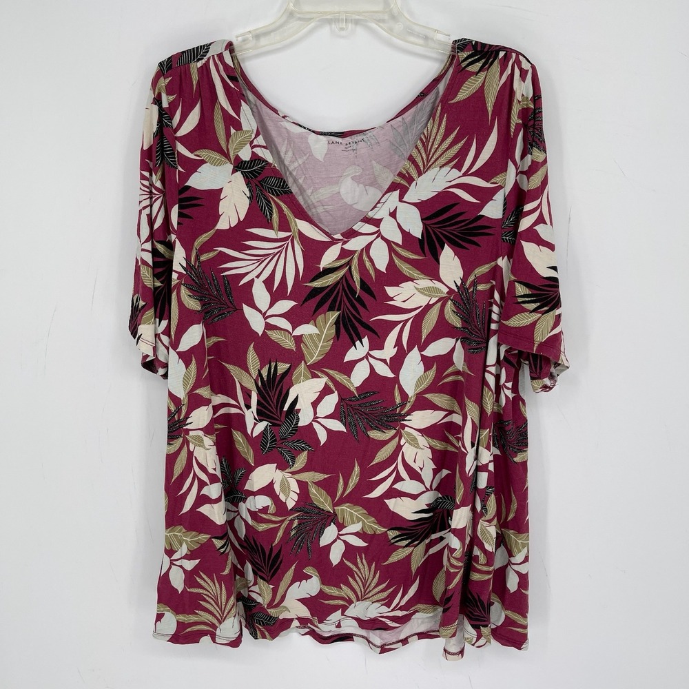 Lane Bryant Women's Pink Floral V-Neck Short Sleeve Top Size 22/24